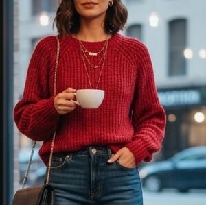Buffalo Red Chunky Knit Wool Blend Sweater Size S Balloon Sleeve Crop
